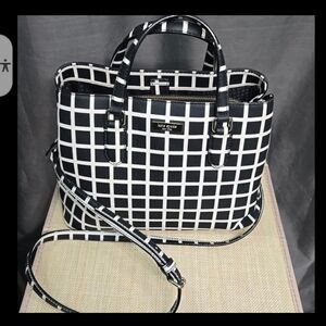 Kate Spade Black and White Window Pane Leather Satchel EUC